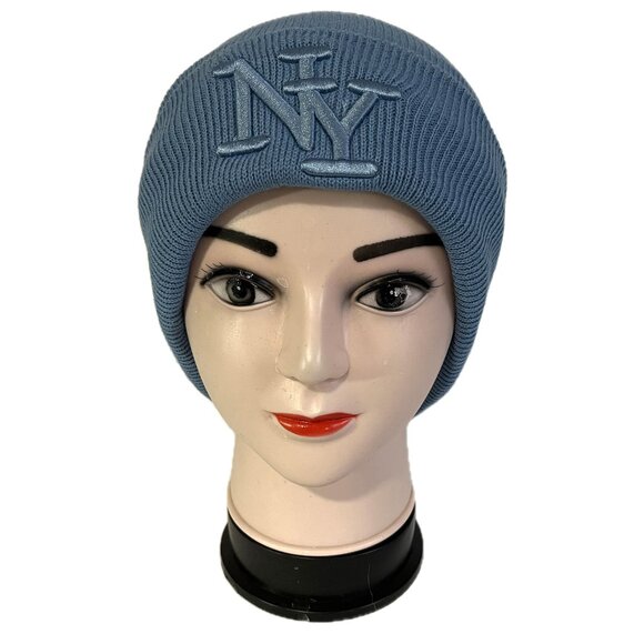 Embroidered NY Men Women Winter Knit Warm Fur lined Beanie Hat - Sea Blue - Picture 1 of 5